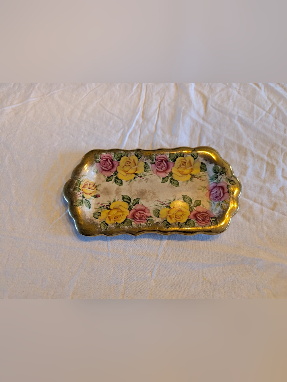 2/20$ Vintage Floral Rose Serving Tray in Yellow & Pink with Gold Accents